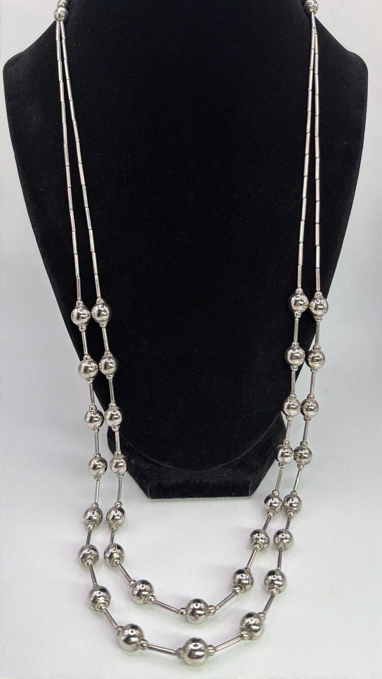 Silver Tone Metal Bead Double Strand Long Station Necklace Statement Minimalist
